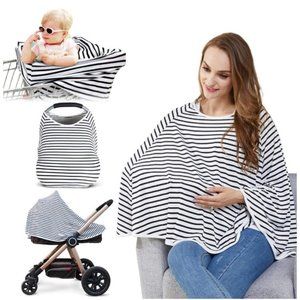 Lucine Mom Baby Black & White Striped Nursing Poncho Cover Up Top - Multi-Use